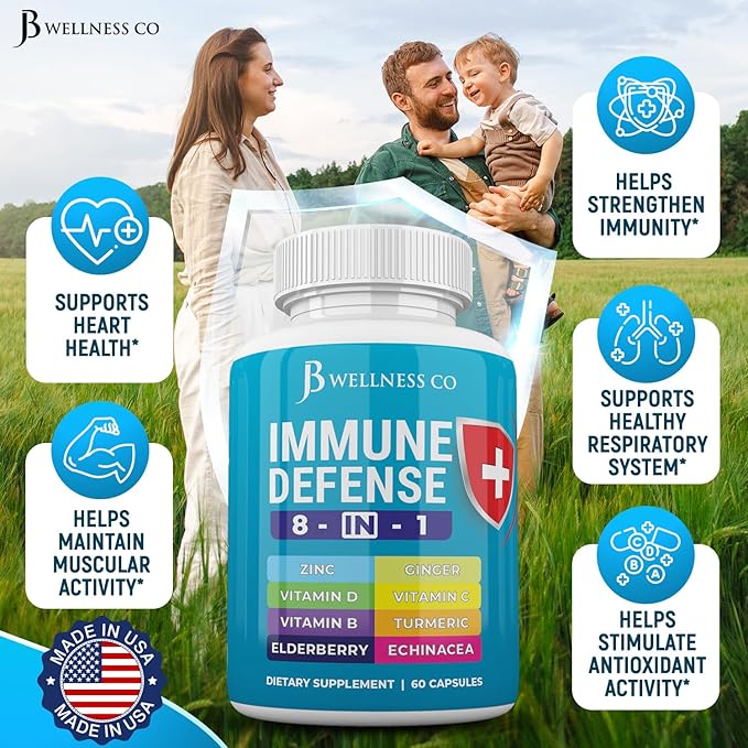 Immune Support 8 in 1 Capsules - Zinc Supplement Vitamin D3 Vitamin C and Elderberry - Immune Booster Supplement with Echinacea Ginger Root and Turmeric