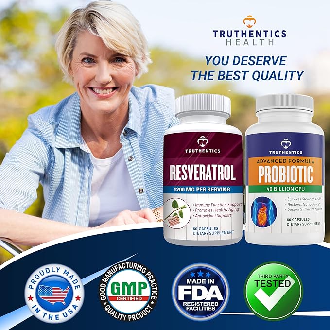 TRUTHENTICS Resveratrol with TransResveratrol + Advanced Probiotic Bundle - Healthy Aging Heart Immune &amp Digestive Support - Gluten Free Non-GMO - Easy to Swallow Capsules