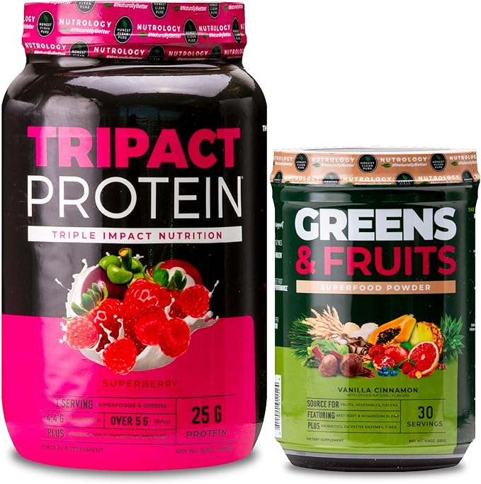Nutrology TRIPACT Protein Powder 7-in-1 Meal Replacement Shake Superberry (40 Servings) Greens &amp Fruits Powder-Naturally Sourced Superfood Vanilla Cinnamon (30 Servings)