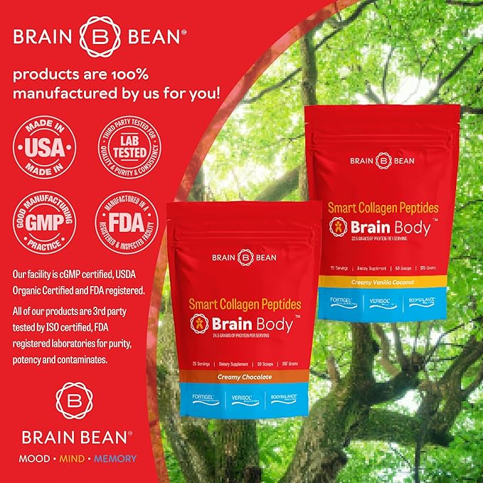 Brain Body Collagen Peptides Powder - Vital Protein &amp Collagen Supplement for Women &amp Men - Hydrolyzed Type I &amp III for Hair Skin Nails &amp Joint Health - 25 Servings - Creamy Natural C