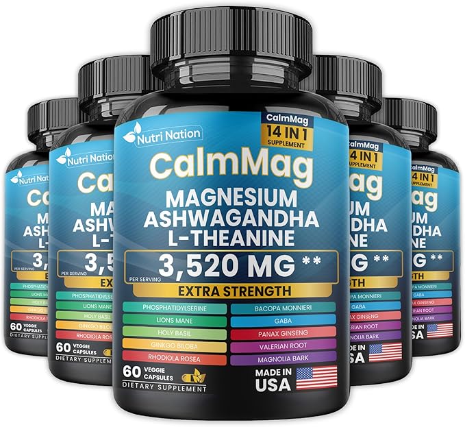 Best Magnesium Glycinate with Ashwagandha and L-Theanine 14 in 1 Supplement 60 Capsules 3 Bottle