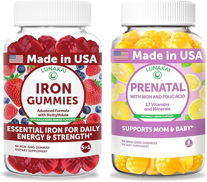 Lunakai USA Made Iron Gummies + Prenatal Gummies Bundle – Naturally Flavored Non-GMO – 60ct Each