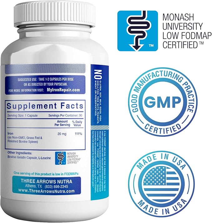 Iron Repair Simply Natural Iron Supplement Best Absorption &amp Gentle on Stomach Monash Low FODMAP Raise Hemoglobin &amp Ferritin Iron Pills for Women Men Teens &amp Pregnancy 90 Bovine Gela