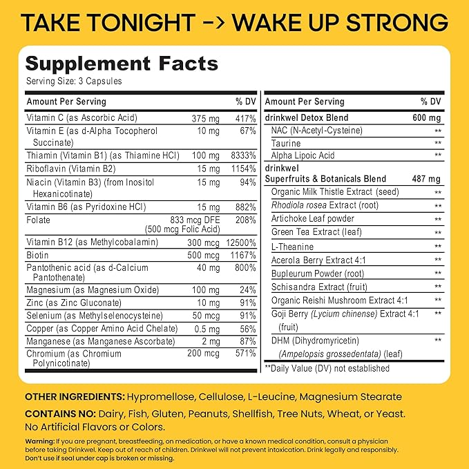drinkwel Premium Multivitamin Supplement - Pack of 3 x 90 Capsules - Morning Recovery Liver Support &amp Immune Support- Milk Thistle Vitamin C Zinc Magnesium