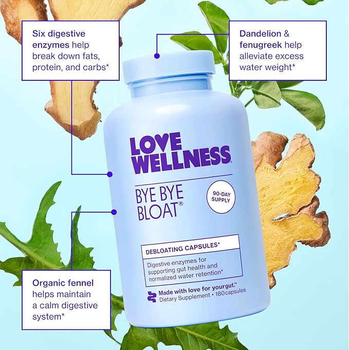Love Wellness Bye Bye Bloat Digestive Enzymes | Bloating Relief for Women | Help Reduce Gas Relief &amp Water Retention | Supports Digestive Health with Fenugreek &amp Dandelion | 180 Count