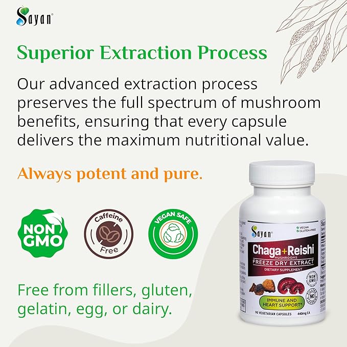Sayan Siberian Chaga and Organic Reishi Mushroom Extract Supplement – 90 Capsules/440mg Each - Wild-Harvested Antioxidant Blend for Immune System Support + Natural Energy Boost Non-GMO Gluten Free
