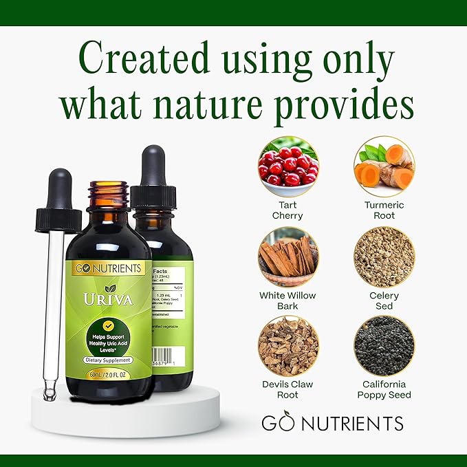 Go Nutrients Uriva - Advanced Uric Acid Flush Cleanse with Tart Cherry Extract Celery Seed Turmeric &amp More - High Absorption Liquid Drops Supplement for Joints and Kidney 2.0 oz. | 48 Servings