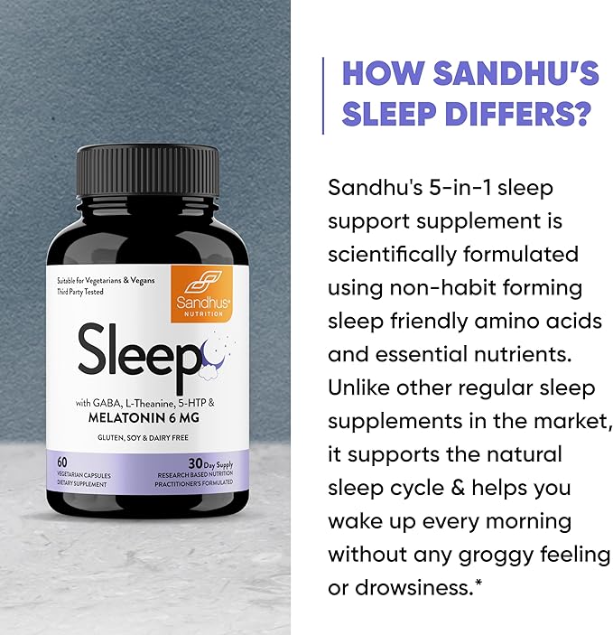 Sandhu's Sleep 60 Capsules –Non-Habit Forming 5-in-1 Sleep Aid Supplement with Melatonin Magnesium GABA L-Theanine &amp 5-HTP