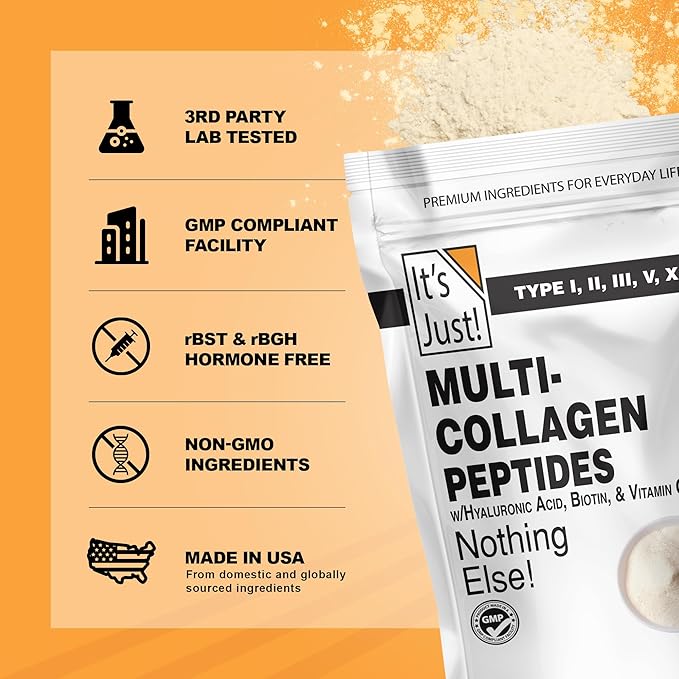 It's Just! - Multi Collagen Peptides (Types I II III V X) w/Vitamin C Biotin Hyaluronic Acid No Added Flavor Tested for Heavy Metals Gluten Free Non-GMO Unflavored / 20oz