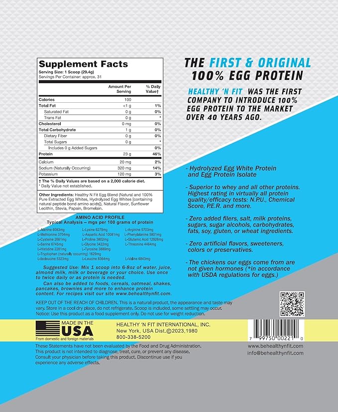 Healthy N Fit 100% EGG PROTEIN- Banana (2lb): 100% Egg White Protein PLUS Natural Peptides. Naturally Sweetened Keto Paleo Friendly