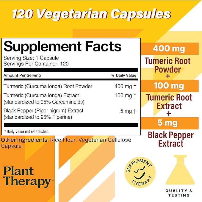 Plant Therapy Turmeric Black Pepper Supplement Capsules Manufactured in USA 4 Month Supply Supports Joint and Muscle Health Supplements for Women &amp Men 120 Vegetarian Capsule
