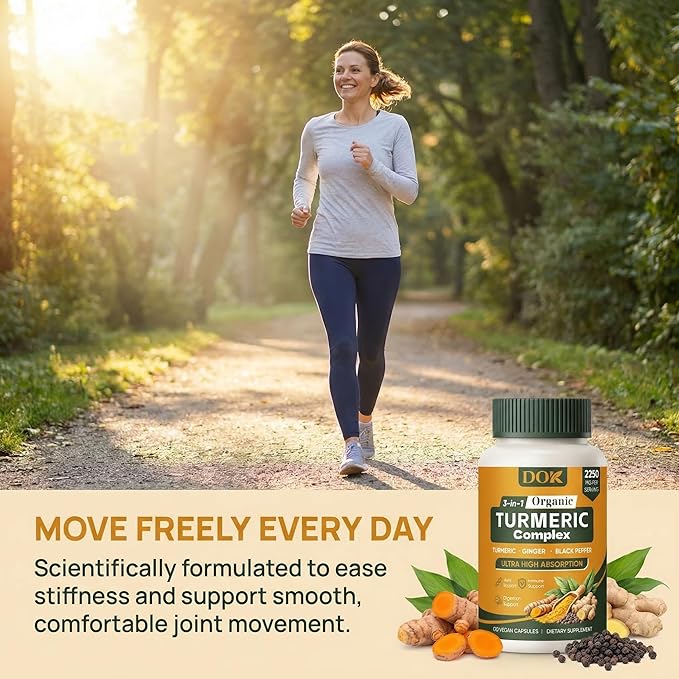 Turmeric Organic 3-in-1 Complex Turmeric Curcumin Supplement with Black Pepper &amp Ginger 2250mg Daily Support Vegan Non-GMO 120 Count (A)