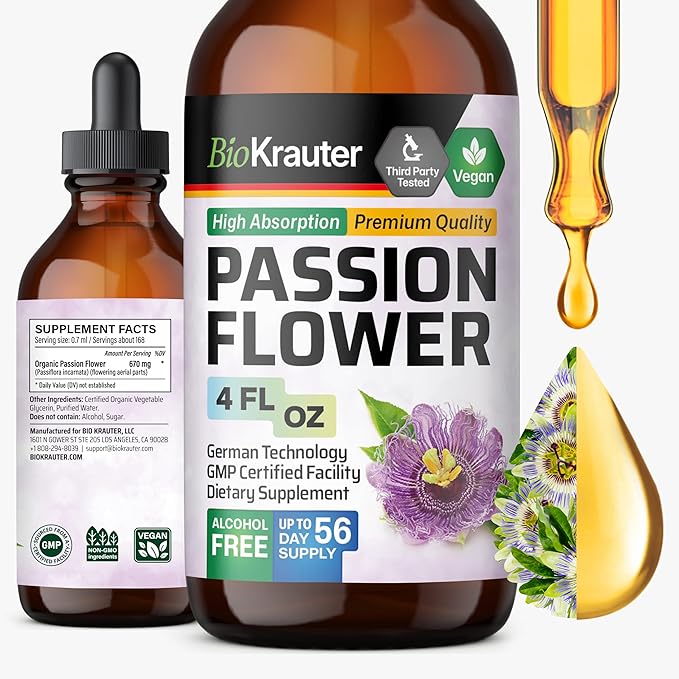 BIO KRAUTER® Passion Flower for Stress Relief - Calm &amp Mood Support - Pure Vegan Liquid Drops Passion Flower Extract 670 mg/Serving 4 Fl.Oz 56-Day Supply - Alcohol &amp Sugar Free - Natural Calm