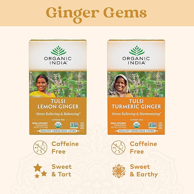 ORGANIC INDIA Tulsi Lemon Ginger Tea Bags - Herbal Tea Stress Relieving &amp Reviving Immune Support Aids Digestion Vegan USDA Certified Organic Non-GMO Caffeine-Free - 18 Infusion Bags 3 Pac