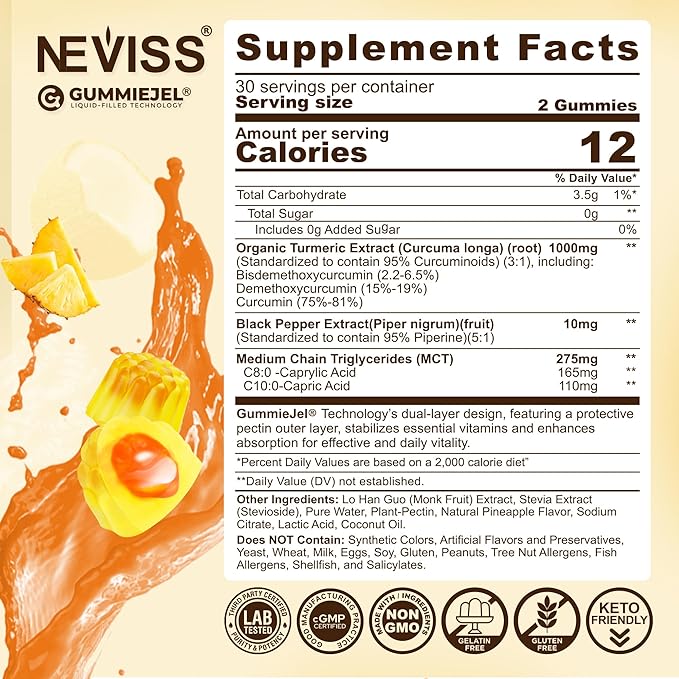 Turmeric Gummies 1000mg w/MCT Oil C8 C10 Organic Antioxidant Turmeric Curcumin Supplement with Black Pepper Extract Support Comfort Boost Energy Ultra Absorption Sugar Free 120Cts