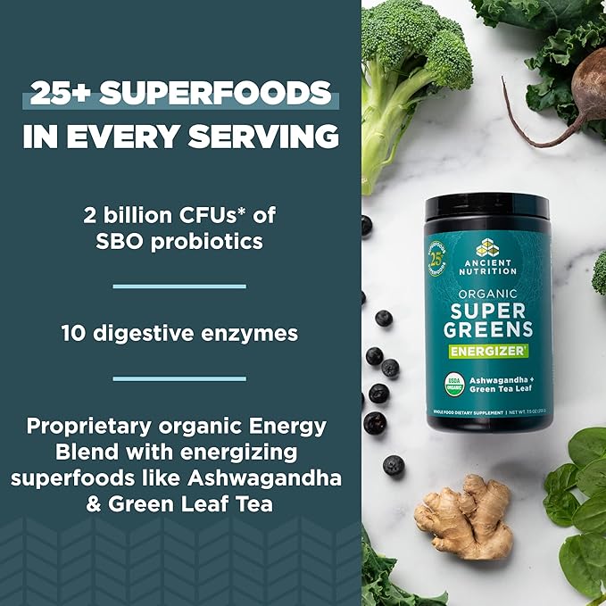 Ancient Nutrition Organic SuperGreens Energizer Powder with Probiotics and B12 Made from Real Fruits Vegetables and Herbs for Digestive Detoxification and Energy Support 25 Servings