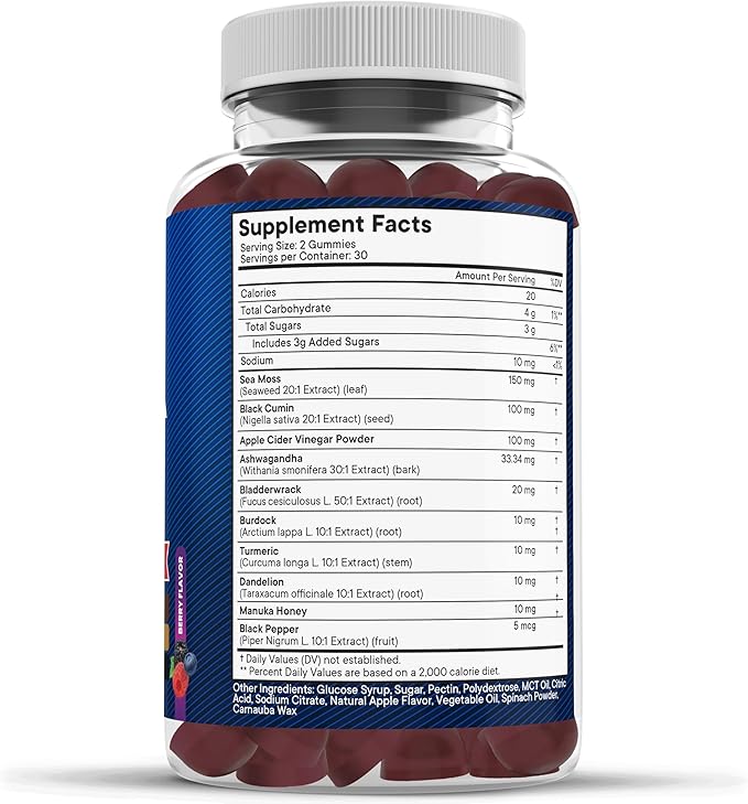 Sea Moss Gummies Sea Moss Black Seed Ashwagandha Turmeric Manuka Honey ACV Dandelion Black Pepper Burdock Bladderwrack Vegan - 60 Count