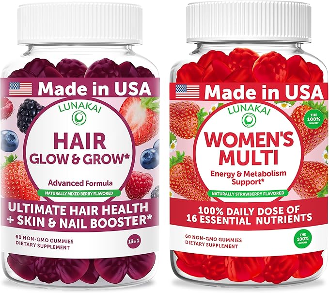 Lunakai USA Made Hair Glow &amp Grow + Women’s Multivitamin Gummies Bundle – Naturally Flavored Non-GMO – 60ct Each