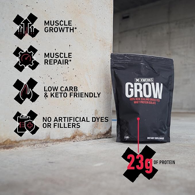 XWERKS Grow Whey Protein Powder 25g Pure Isolate Protein from New Zealand Grass Fed Cows Builds Strength and Speeds Recovery Paleo and Keto Friendly Soy and Gluten Free Peanut Butter 30 Servings