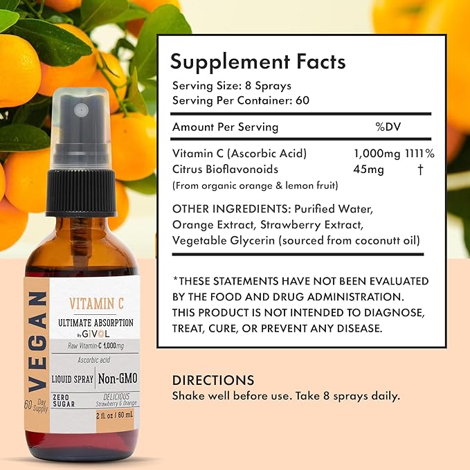 Vitamin C Spray: Daily Absorption Liquid Extract with Lemon Orange Strawberry Rich in Ascorbic Acid 2oz (60ml) 60 Day Supply