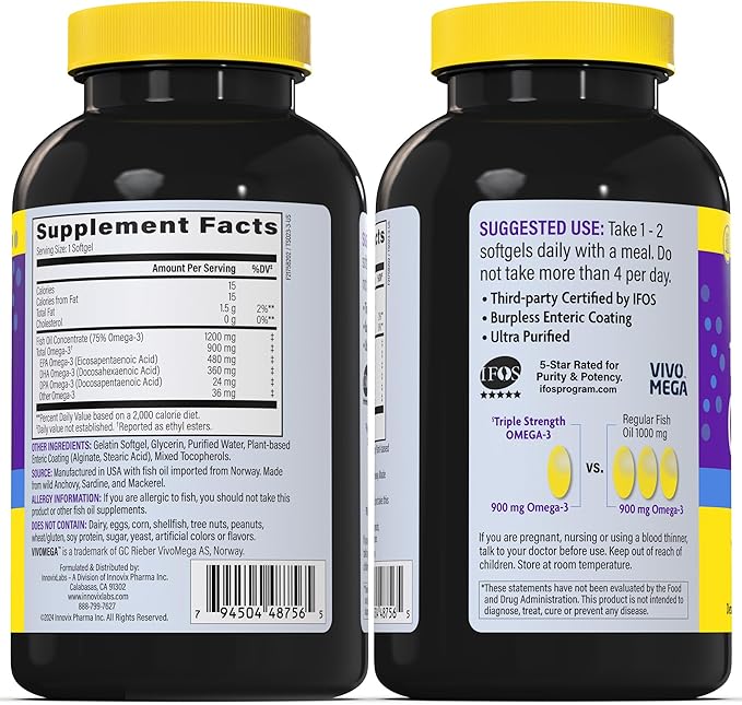 InnovixLabs Triple Strength Omega 3 Supplement Burpless Fish Oil for Women and Men - 900 mg EPA &amp DHA Brain &amp Joint Support Award Winning &amp Third-Party Tested 200 Softgels