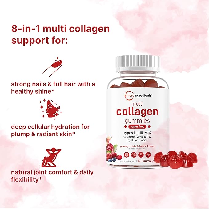 Micro Ingredients Multi Collagen Peptides 120 Collagen Gummies | Type IIIIIIVX Protein with Biotin Hyaluronic Acid &amp Vitamin C Complex | Pomegranate &amp Berry Flavored | Sugar Free Non-G