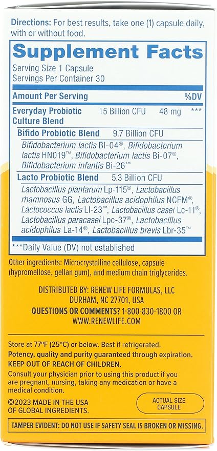 Renew Life Everyday Probiotic Capsules Daily Supplement Supports Urinary Digestive and Immune Health L. Rhamnosus GG Dairy Soy and Gluten-Free 15 Billion CFU 30 Count
