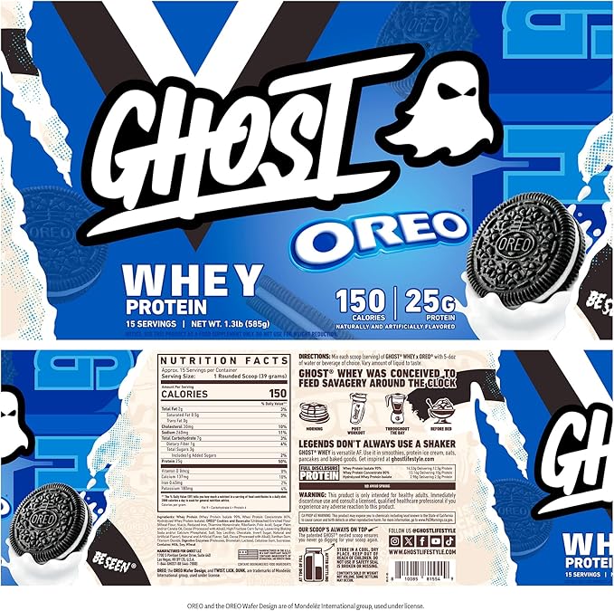GHOST Whey Protein Powder Oreo - 1LB Tub 25G of Protein - Flavored Isolate Concentrate &amp Hydrolyzed Whey Protein Blend - Post Workout Shakes