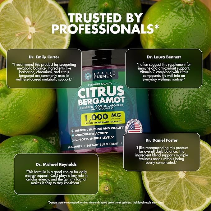 Citrus Bergamot 1000MG Gummies for Women and Men Citrus Bergamot Extract with Berberine CoQ10 Chromium &amp Vitamin C Metabolic &amp Antioxidant Support Sugar Free Vegan Lime Flavor 60 Gummi