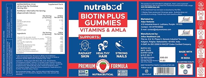 Biotin Hair Gummies For Women Men | No Added Sugar | For Healthy Hair Growth Skin Glow &amp Strong Nails | Strawberry Flavor Veg Gummy Bear Supplement - 60 Count (Pack of 1)