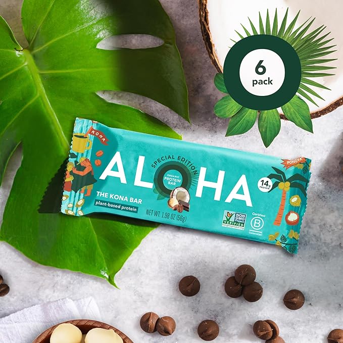 ALOHA Organic Plant Based Protein Bars | The Kona Bar - Special Edition | 6 Count 1.98oz Bars | Vegan Low Sugar Gluten Free Paleo Low Carb Non-GMO Stevia Free Soy Free No Erythritol