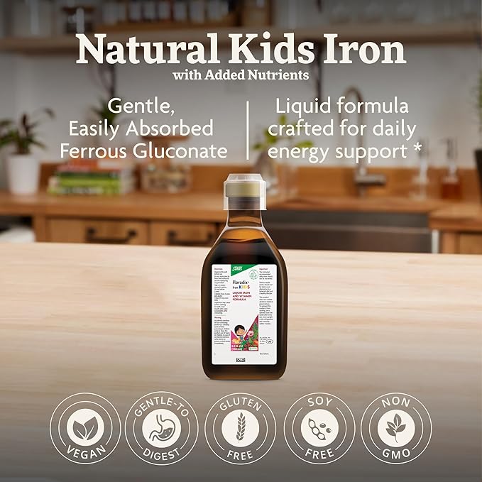 Salus Floradix Iron Kids - Liquid Iron &amp Vitamin Formula - Children's Supplement with C &amp B Vitamins - Vegan - Raspberry-Vanilla Flavor - 8.5 fl oz