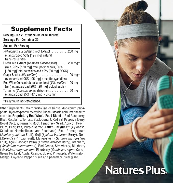 NaturesPlus Herbal Actives Resveratrol Extended Release - 60 Tablets - Vegetarian Gluten Free - 30 Servings