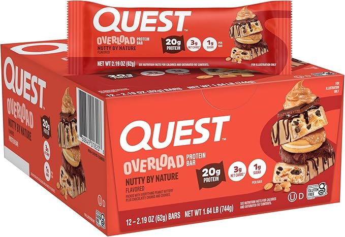 Quest Nutrition Overload Protein Bars Nutty by Nature Flavored Protein Bars 20g Protein 1g Sugar 3g Net Carbs Gluten Free 12 Count
