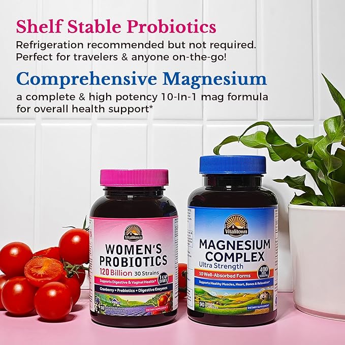Vitalitown Magnesium + Probiotic Bundle (Pack of 2) | 10-in-1 Magnesium Complex &amp Women’s Probiotics 120 Billion CFUs | 90 Magnesium Caps &amp 30 Probiotic Caps