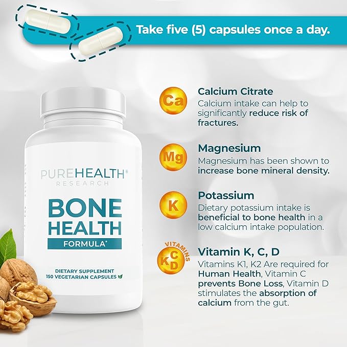 PUREHEALTH RESEARCH Bone Health Formula Calcium &amp Magnesium Supplement - with Iron Zinc Copper Vitamin D C K2 &amp More - Bone &amp Joints Vitamins for Women &amp Men 150 Capsules