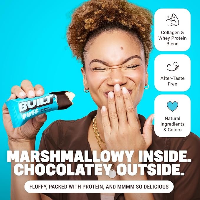 BUILT Bar Puff Protein Bars - Coconut - 17g Protein Snack Bars with Collagen - Calorie Conscious &amp Gluten Free - 12 Count