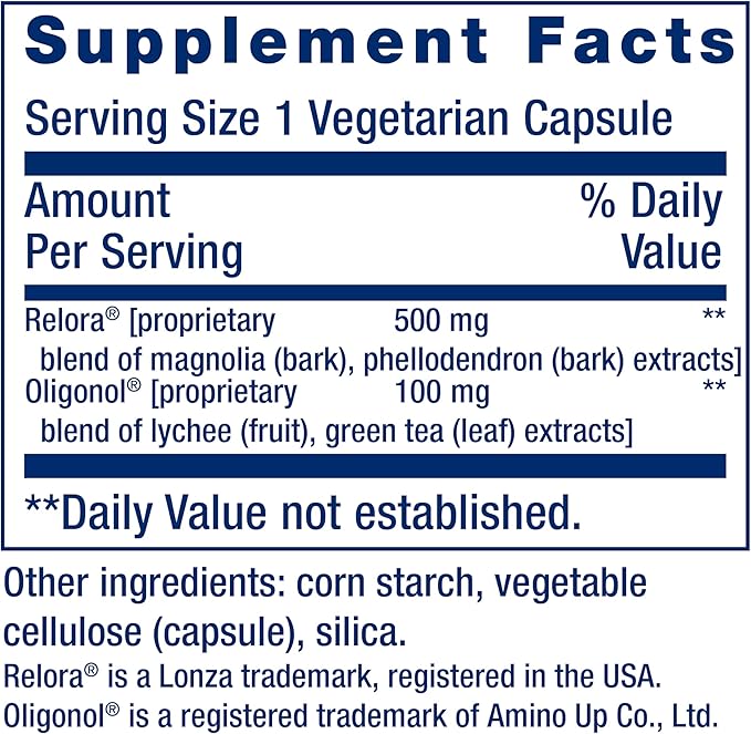 Life Extension Cortisol-Stress Balance Relora® Magnolia bark Green Tea Lychee Extract Manage Stress Maintain Healthy cortisol Levels Gluten Free Non-GMO Vegetarian 1-Daily 30 Capsules