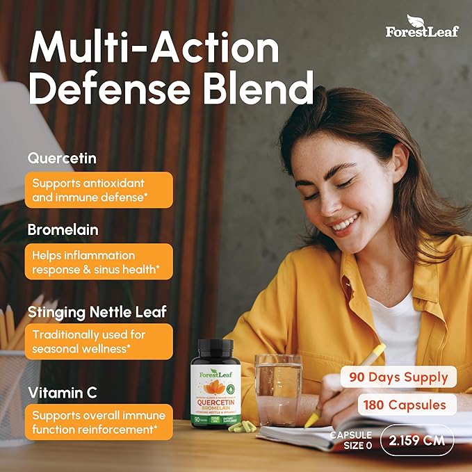ForestLeaf Quercetin with Bromelain - 1350mg Blend with Vitamin C &amp Stinging Nettle Advanced Quercetin 500mg Supplement Non-GMO Gluten Free Natural Immune &amp Respiratory Function 180 Veggie