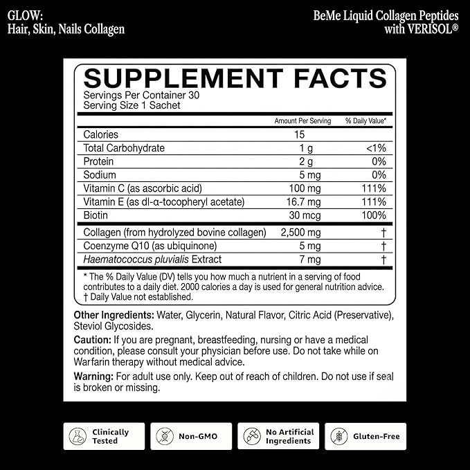 BeMe Liquid Collagen for Women — 2500mg Hydrolyzed Bovine Collagen Peptides Drink with Biotin &amp Vitamin C — Clinically Proven Collagen Supplement for Hair Skin &amp Nails — Strawberry 15 Sache