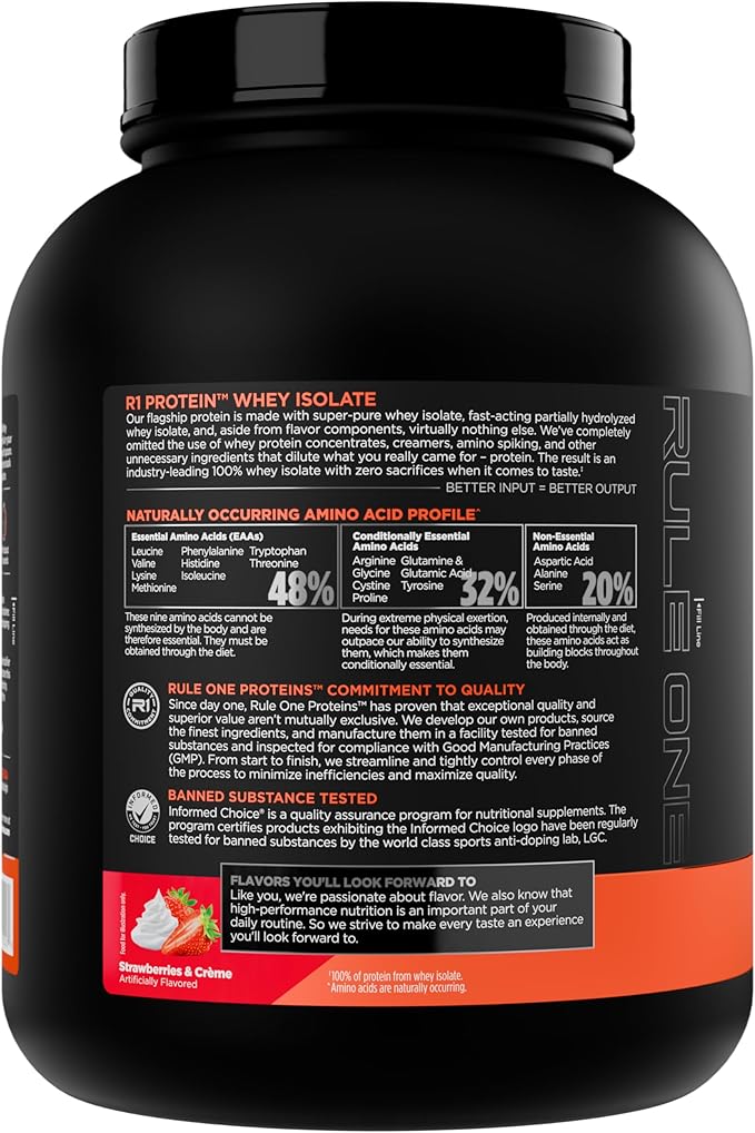 Rule 1 R1 Protein Whey Isolate - with 25g Protein &amp 6g BCAA Exclusively from Isolated &amp Hydrolyzed Sources for Workout Recovery (5 Pounds* Strawberries &amp Crème)