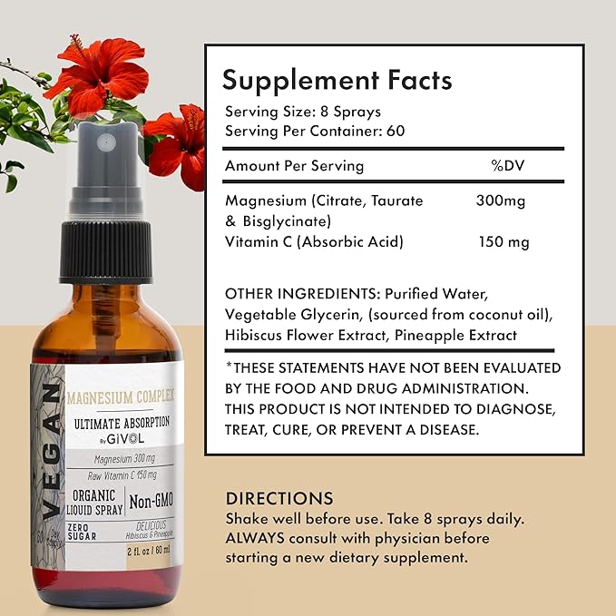 Tri Magnesium Complex - Magnesium Biglycinate Citrate &amp Taurate Liquid Spray 300mg w/Raw Vitamin C and Organic ZINC Boost Mist 40mg (Extra Strength) - Sugar Free with VIT C and Elderberry Extract