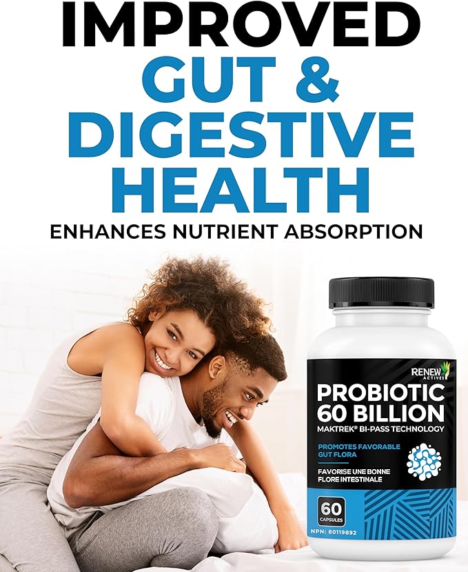 Renew Actives Probiotic Supplement for Digestive Health 60 Billion CFU per 2 Capsules - Advanced Formula with Prebiotic Benefits - Supports Gut Flora Balance &amp Wellness - Made in Canada - 60 Capsu