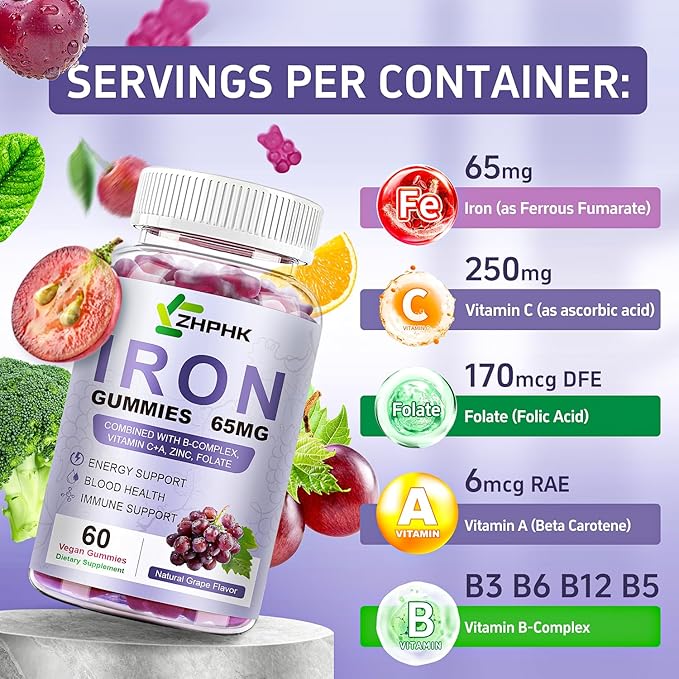 Vegan Iron Supplement 65mg Iron Gummies for Women and Men with Vitamin C 250mg Vitamin A B-Complex Biotin Zinc &amp Folate Folate for Energy Boost Immune Health 120 Count