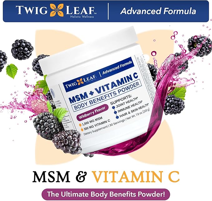 Twig &amp Leaf MSM + Vitamin C Powder – MSM Powder for Hair Growth Nails &amp Joint Support – Non-GMO Gluten Free – 30 Servings - 7.9 oz