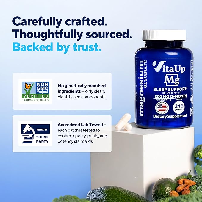 Magnesium Glycinate 200mg - USA Made Highly Absorbed Non-GMO Magnesium for Relaxation Deep Sleep Bones &amp Heart - 200mg per Serving 240 Vegan Capsules