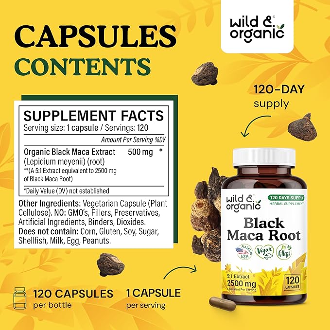 Wild &amp Organic Black Maca Root Capsules for Women &amp Men 500 mg - Overall Support - 120 Vegan Capsules with Maca Powder - Men &amp Women Supplement - 120 Days Supply Non-GMO No Fillers Glut