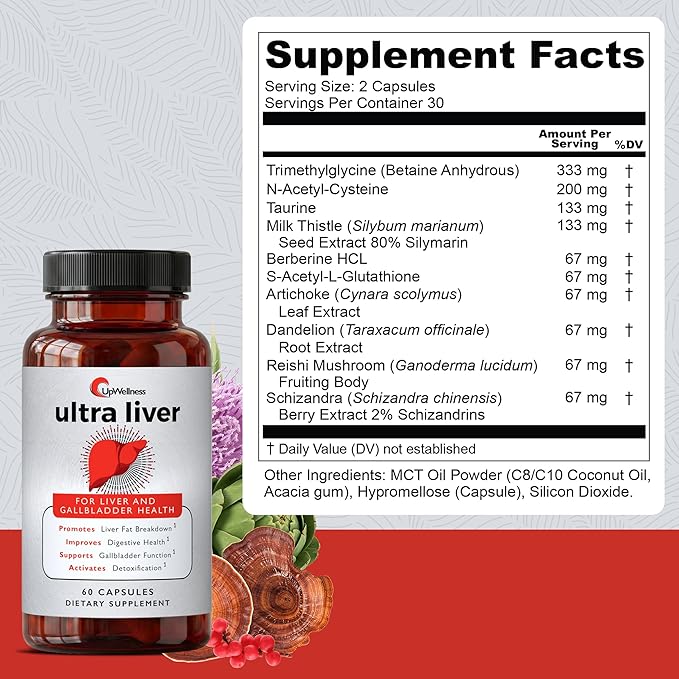UpWellness Ultra Liver Supplement for Liver Support and Gallbladder Support - Powered by TMG NAC Milk Thistle and More - Liver Cleanse Detox &amp Repair - 60 Capsules - 5 Pack