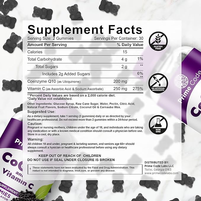Prime Code CoQ10 250mg with Magnesium Glycinate and Vitamin E CoQ10 200mg &amp Vitamin C 250mg Gummies