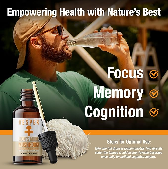 Vesper Lion’s Mane Mushroom Liquid Extract - Double Extraction with Wild Huckleberries for Brain Health Cognitive Support Focus &amp Immune Wellness USA-Grown for Clarity &amp Mental Performance